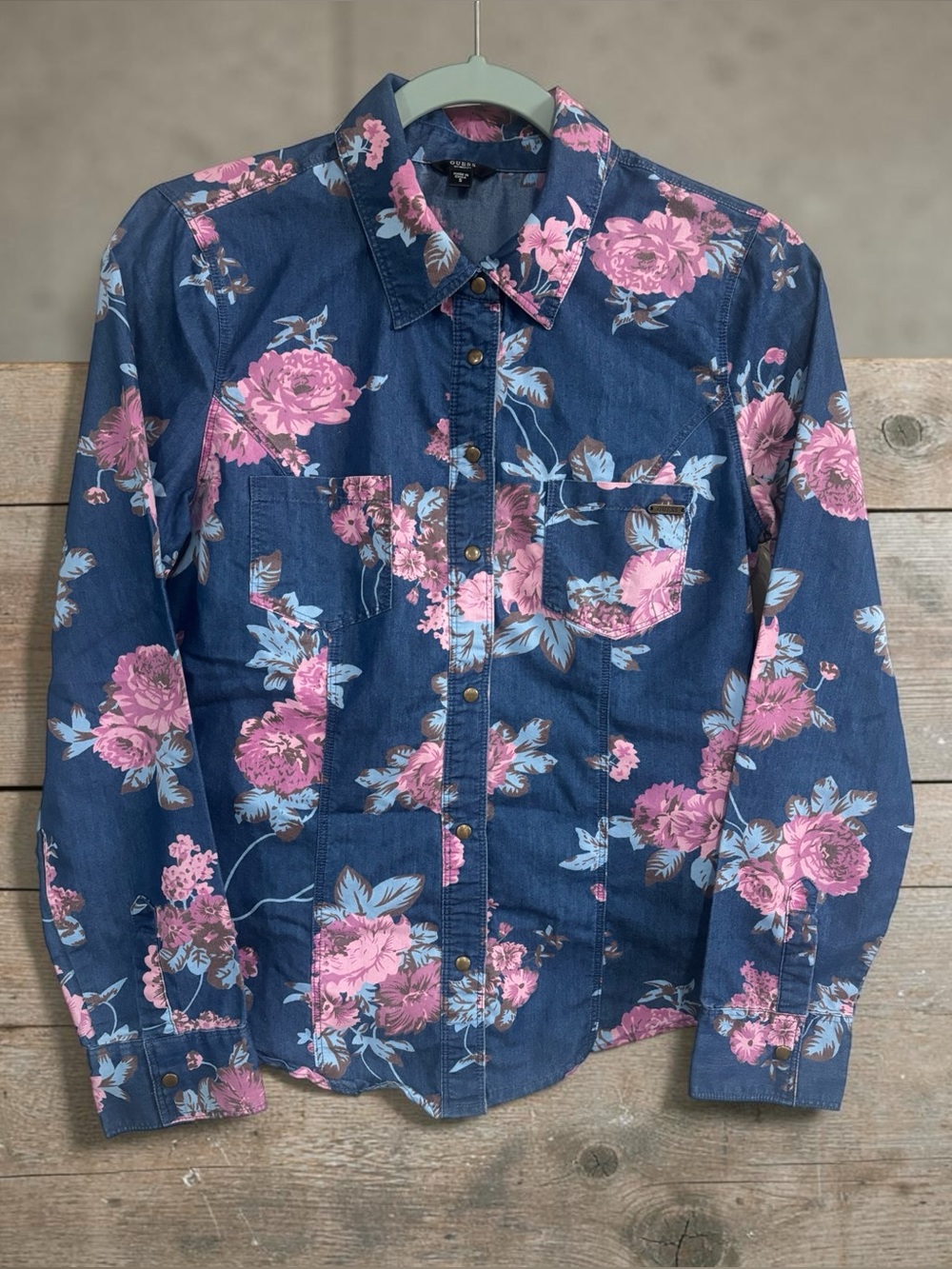 Guess Navy Floral Button-Down Shirt with Pink Roses